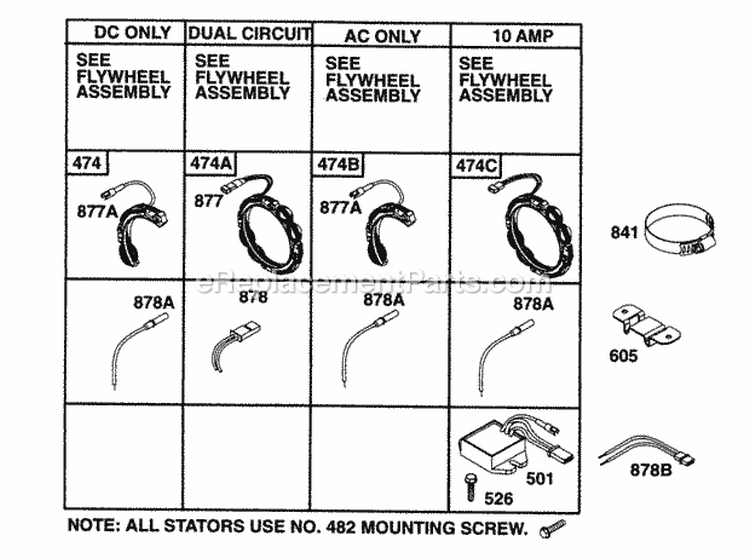 Alternator Chart Diagram and Parts List for  Briggs and Stratton Engine
